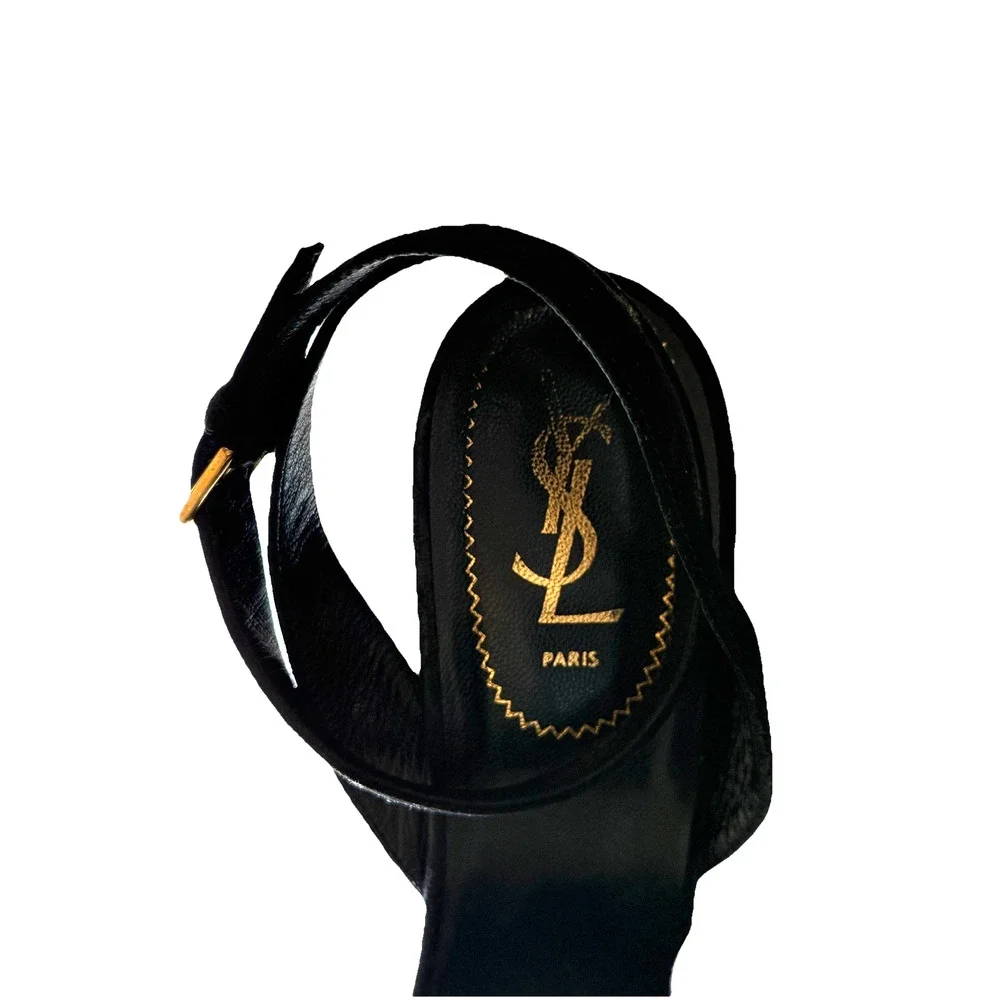 YSL Saint Laurent 2010s Era Lacquered Wedges Suede Wood Heel Black Heels Damage - Picture 7 of 16